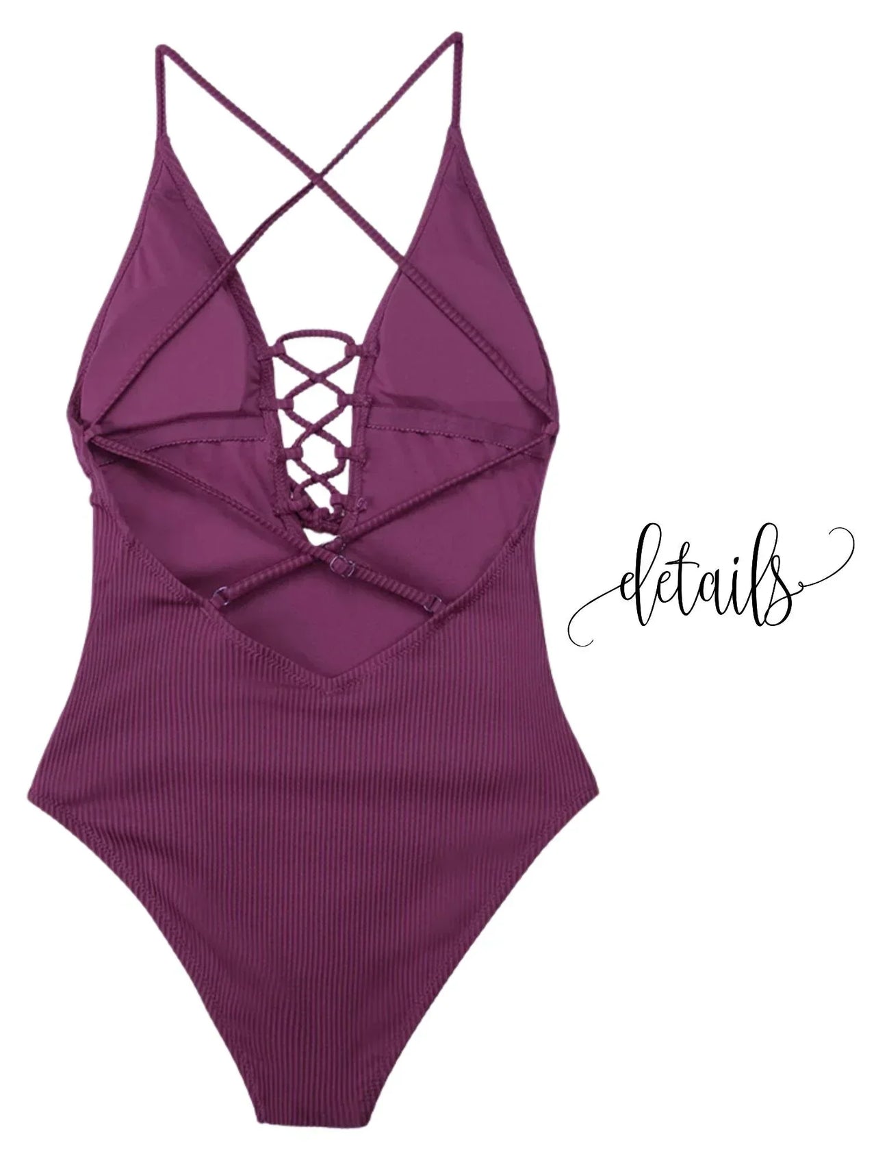 Purple one-piece swimsuit with criss-cross straps on a white background