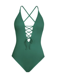 Thumbnail for Green one-piece swimsuit with criss-cross lace-up front on a white background