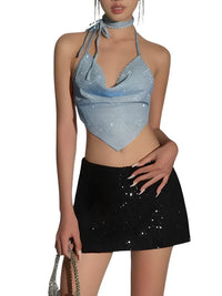 Thumbnail for Women's Sparkle Halter Bandana Top Aesthetic Backless Crop, Drestiny, Crop Tops, Tank Tops, Sleeveless, Casual Shirts, United States, USA, Gender_Women, Canada, Australia, New Zealand, United Kingdom, UK, Blue, S, M, L, Sparkly halter top, Bandana style top women's, Sequin halter top, Festival halter top, Cute going out tops, Sparkle bandana top, Halter neck crop top, Glitter halter top, Party tops for women, Bandana tops UK, shopdrestiny.com