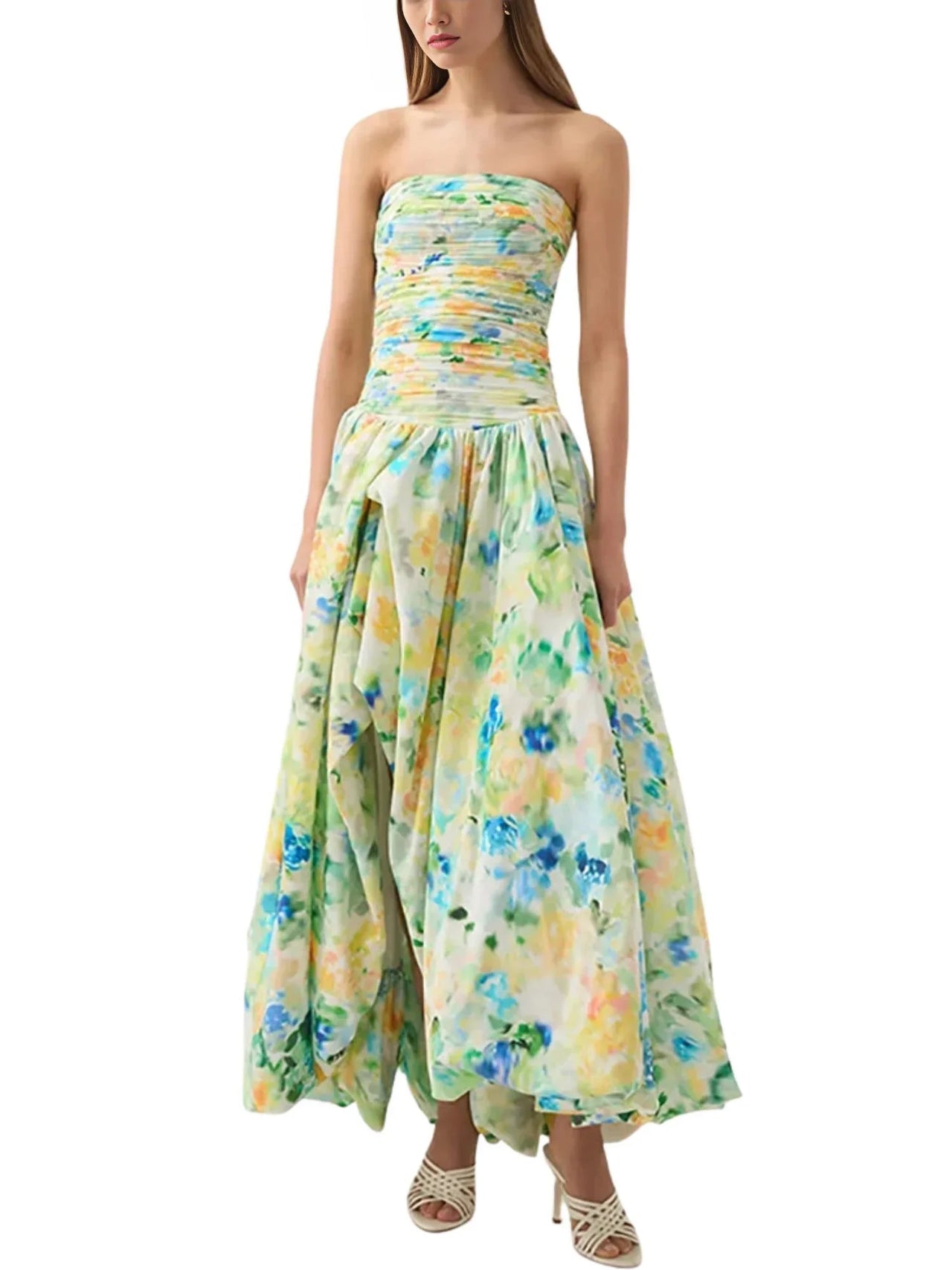 Strapless Long Bubble Dress Printed Split Design Women's Sleeveless Backless High Waist Patchwork Folds Dresses Evening Party, Maxi Dresses, Strapless, Sleeveless, Off Shoulder, XS, S, M, L, XL, United States, USA, Canada, Australia, New Zealand, United Kingdom, UK, Floral Maxi Dresses, Strapless Long Bubble Dress, Bubble Hem Maxi Dress, Strapless Puffball Dress, Bubble Dress Formal, shopdrestiny.com