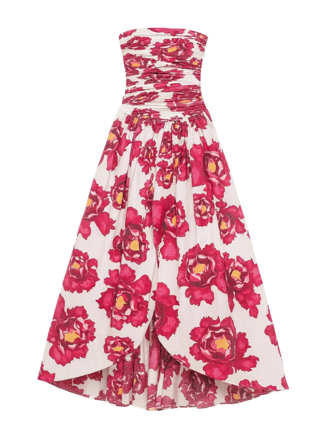 Red floral strapless long bubble dress with high slit on a white background
