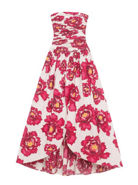 Thumbnail for Red floral strapless long bubble dress with high slit on a white background