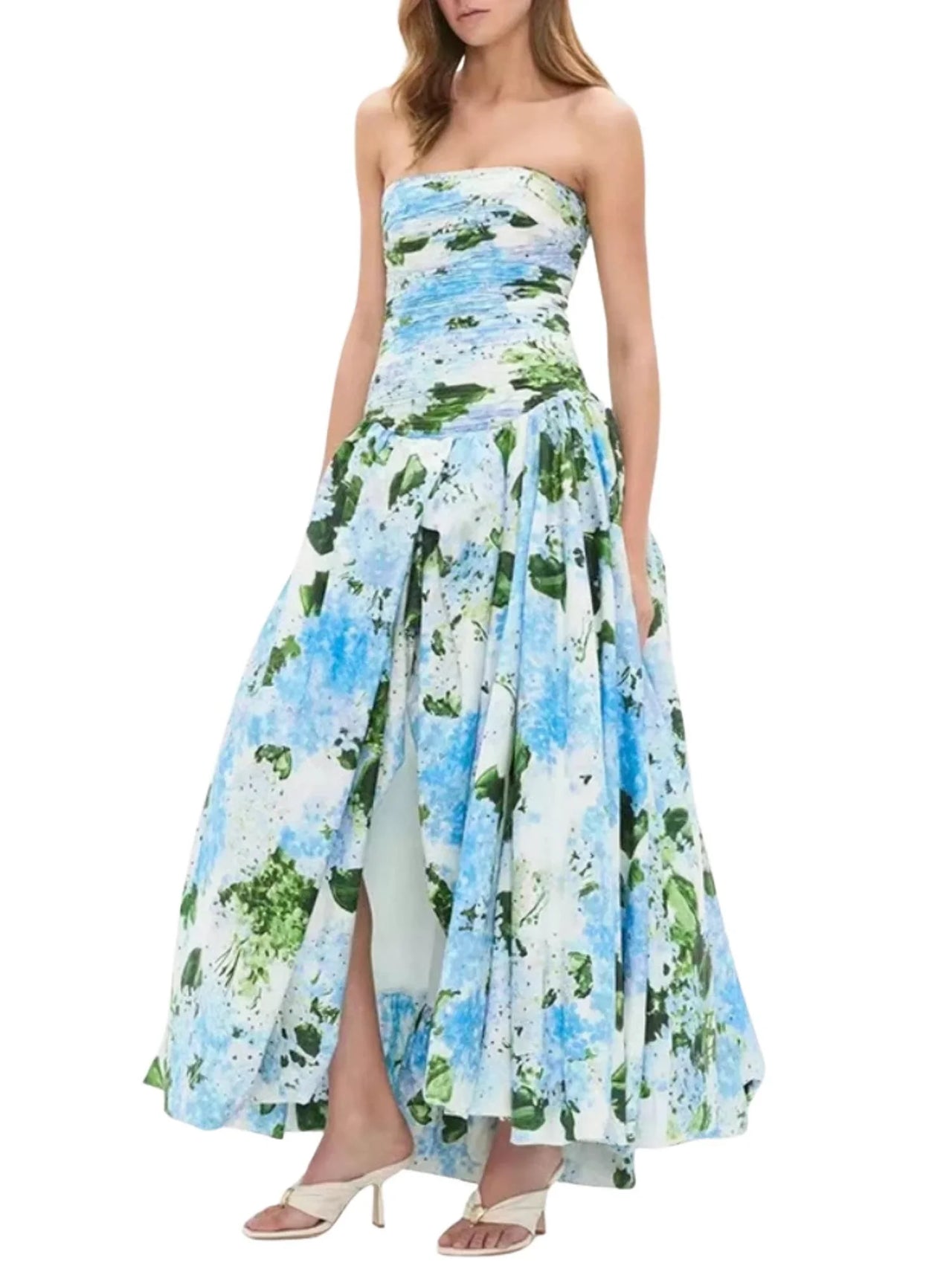 Strapless Long Bubble Dress Printed Split Design Women's Sleeveless Backless High Waist Patchwork Folds Dresses Evening Party, Maxi Dresses, Strapless, Sleeveless, Off Shoulder, XS, S, M, L, XL, United States, USA, Canada, Australia, New Zealand, United Kingdom, UK, Floral Maxi Dresses, Strapless Long Bubble Dress, Bubble Hem Maxi Dress, Strapless Puffball Dress, Bubble Dress Formal, shopdrestiny.com