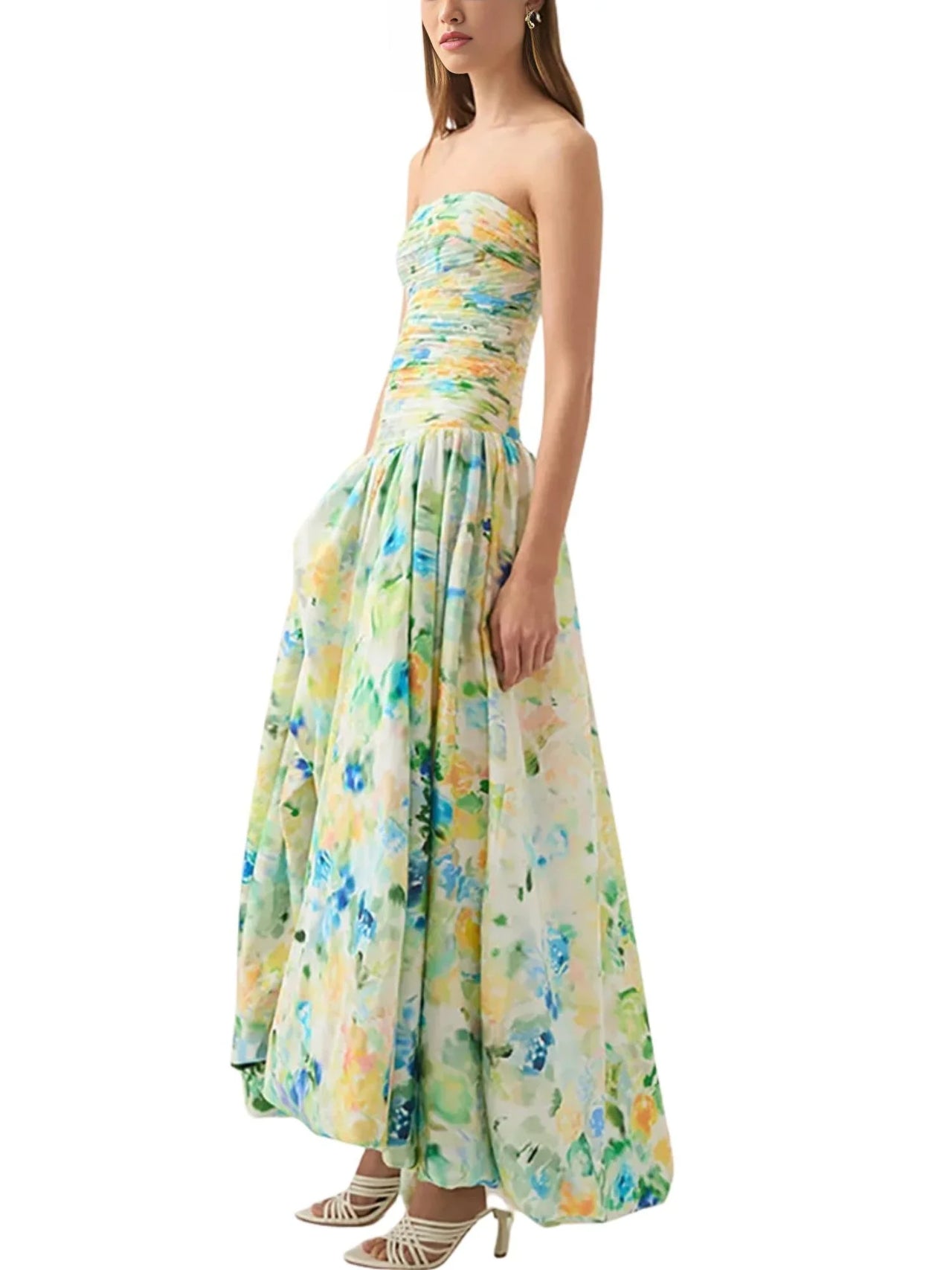 Strapless Long Bubble Dress Printed Split Design Women's Sleeveless Backless High Waist Patchwork Folds Dresses Evening Party, Maxi Dresses, Strapless, Sleeveless, Off Shoulder, XS, S, M, L, XL, United States, USA, Canada, Australia, New Zealand, United Kingdom, UK, Floral Maxi Dresses, Strapless Long Bubble Dress, Bubble Hem Maxi Dress, Strapless Puffball Dress, Bubble Dress Formal, shopdrestiny.com