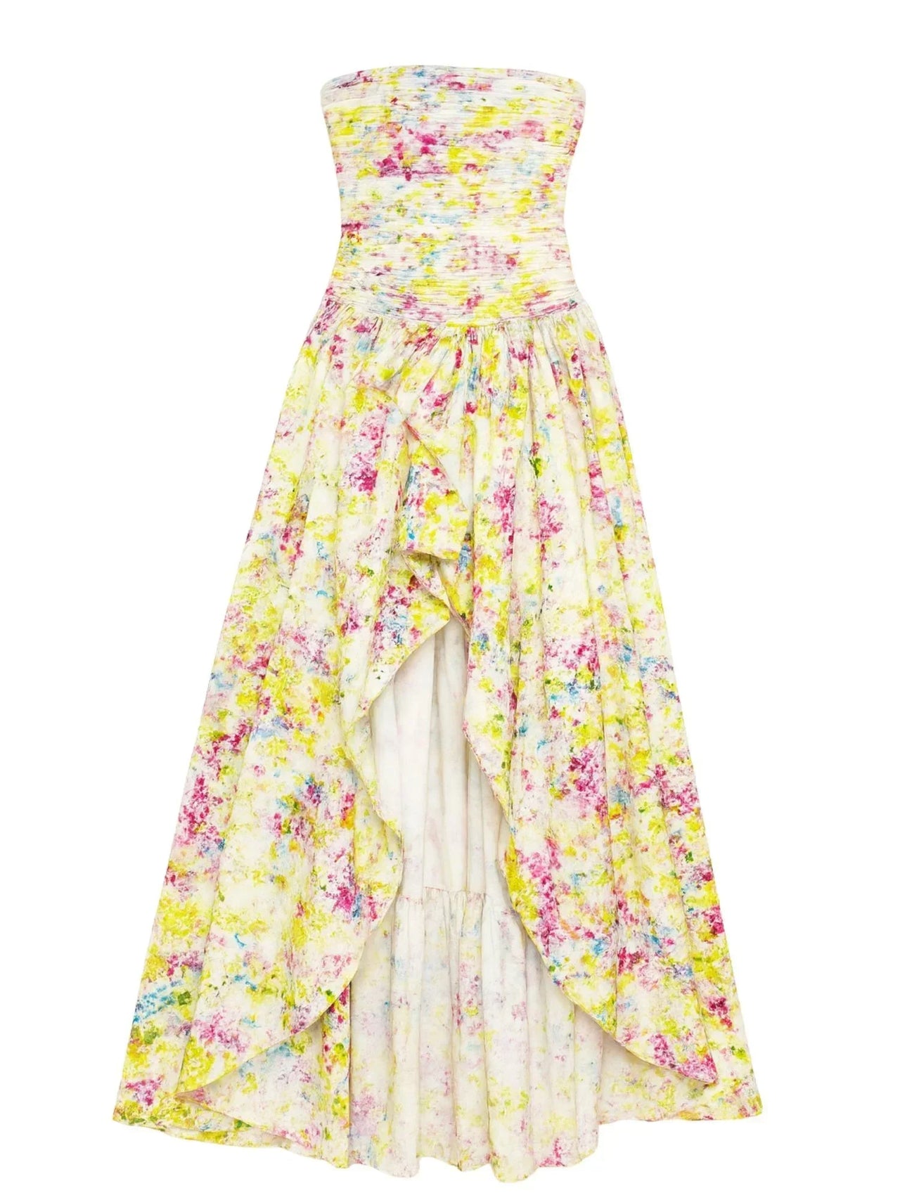 Yellow floral strapless long bubble dress with a high slit on a white background