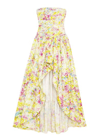 Thumbnail for Yellow floral strapless long bubble dress with a high slit on a white background