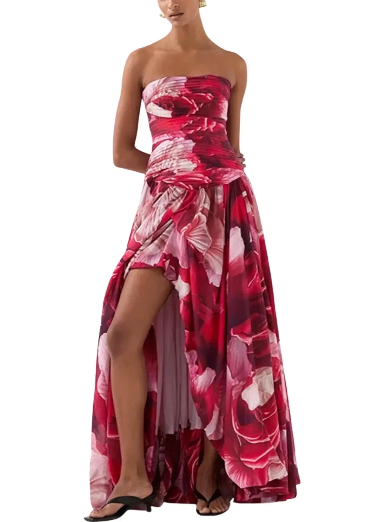 Red floral strapless long bubble dress with a high slit on a white background