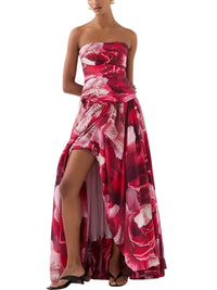 Thumbnail for Red floral strapless long bubble dress with a high slit on a white background