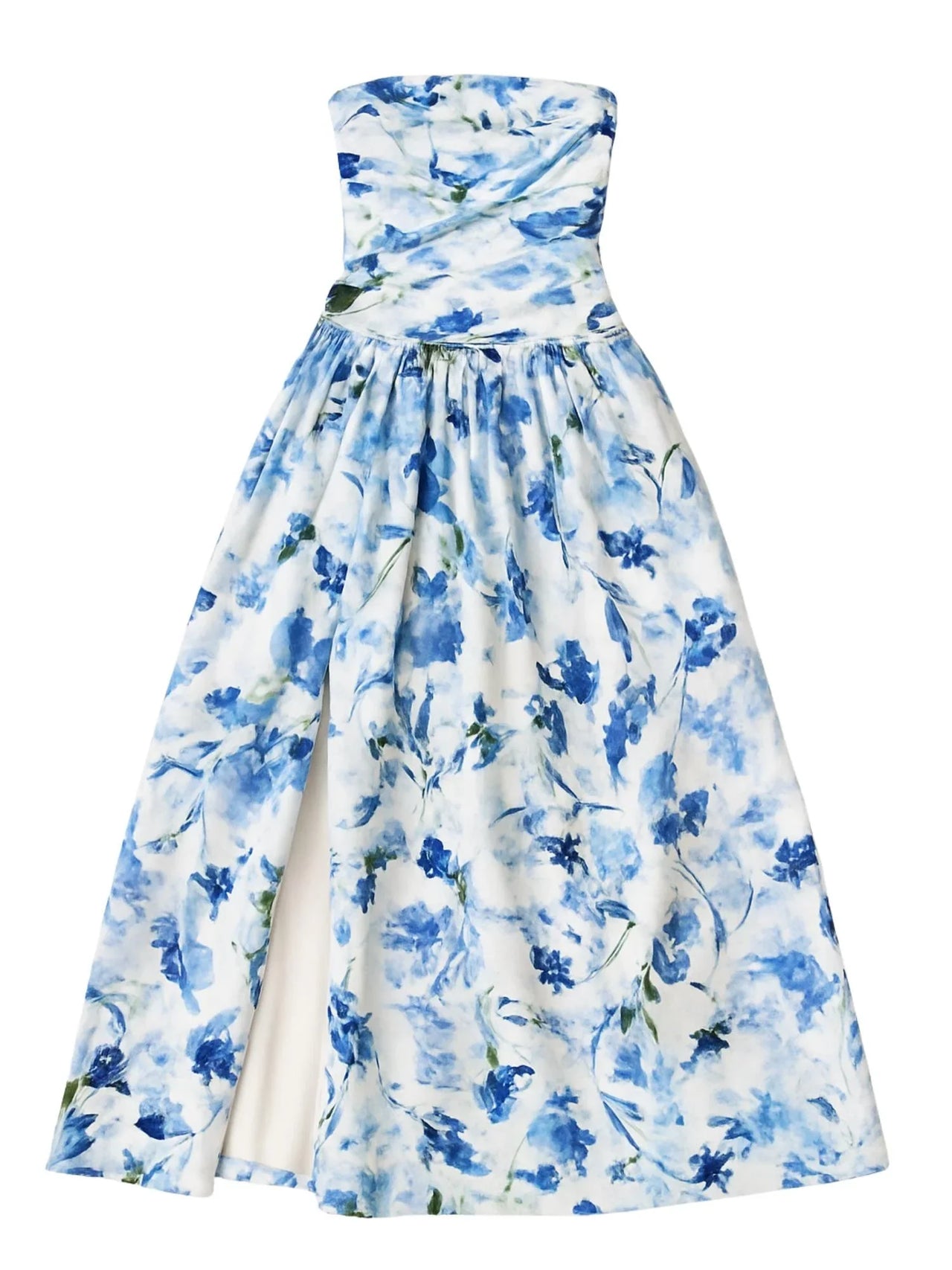 Blue floral strapless long bubble dress on a white background