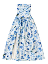 Thumbnail for Blue floral strapless long bubble dress on a white background