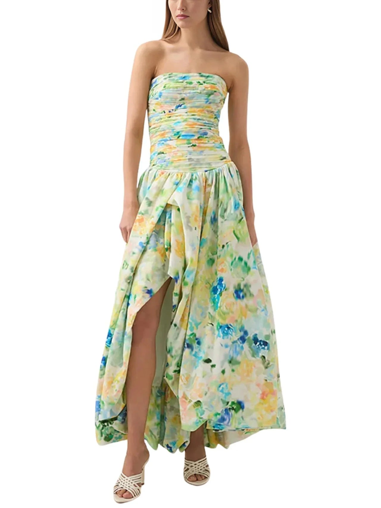 Strapless Long Bubble Dress Printed Split Design Women's Sleeveless Backless High Waist Patchwork Folds Dresses Evening Party, Maxi Dresses, Strapless, Sleeveless, Off Shoulder, XS, S, M, L, XL, United States, USA, Canada, Australia, New Zealand, United Kingdom, UK, Floral Maxi Dresses, Strapless Long Bubble Dress, Bubble Hem Maxi Dress, Strapless Puffball Dress, Bubble Dress Formal, shopdrestiny.com