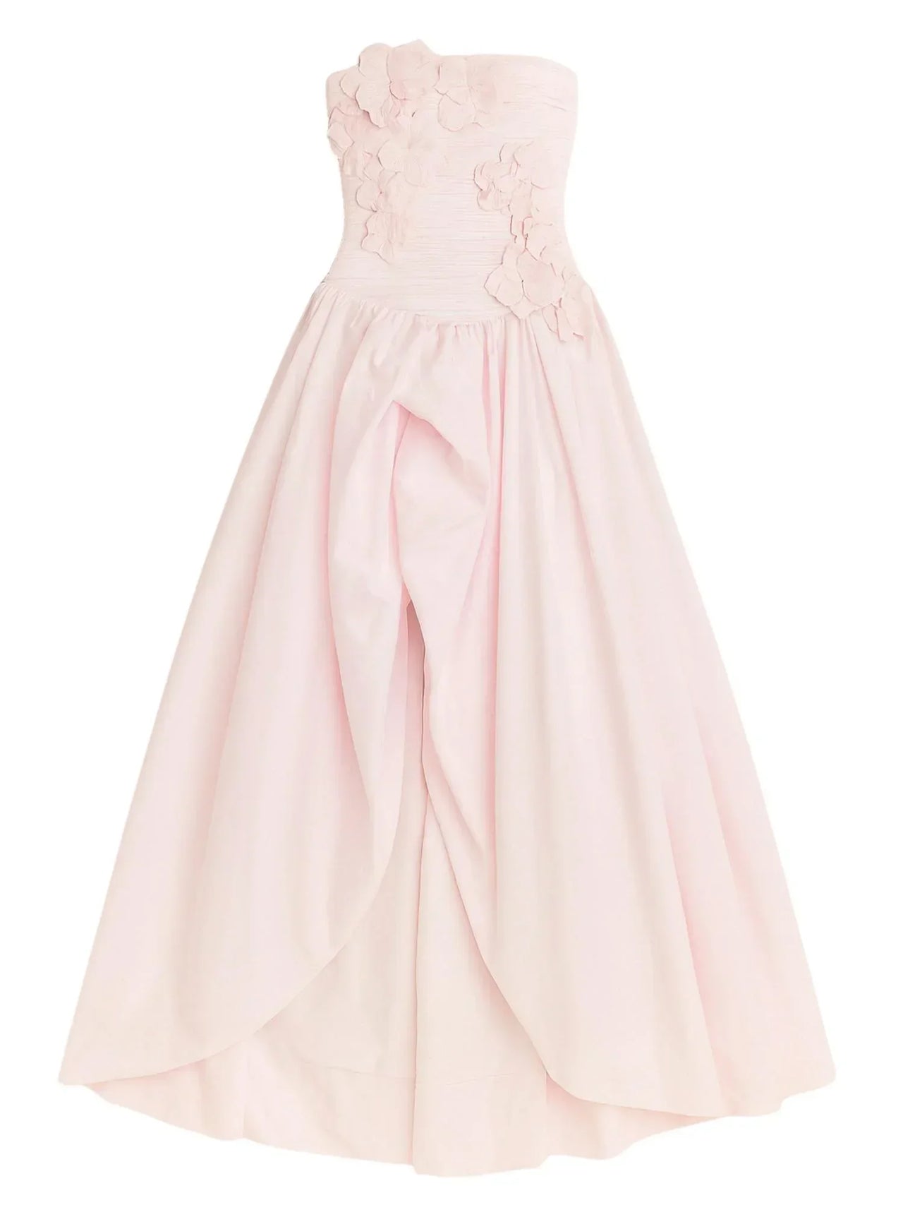 Pink strapless long bubble dress on a white background