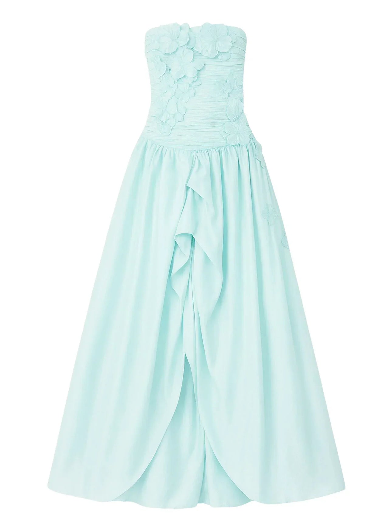 Mint green strapless long bubble dress with high slit on a white background