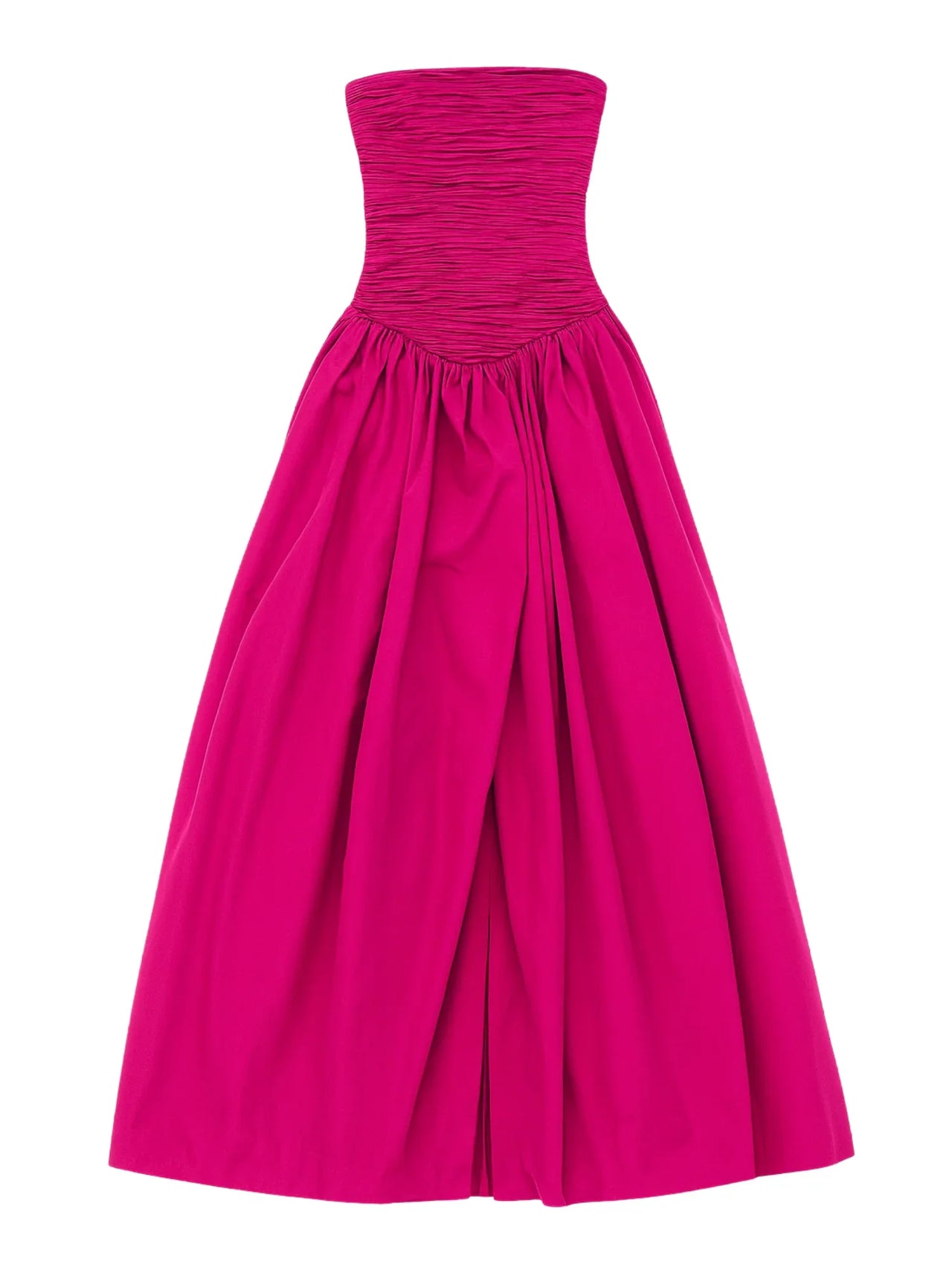 Woman wearing a deep pink strapless long bubble dress with a high slit on a white background