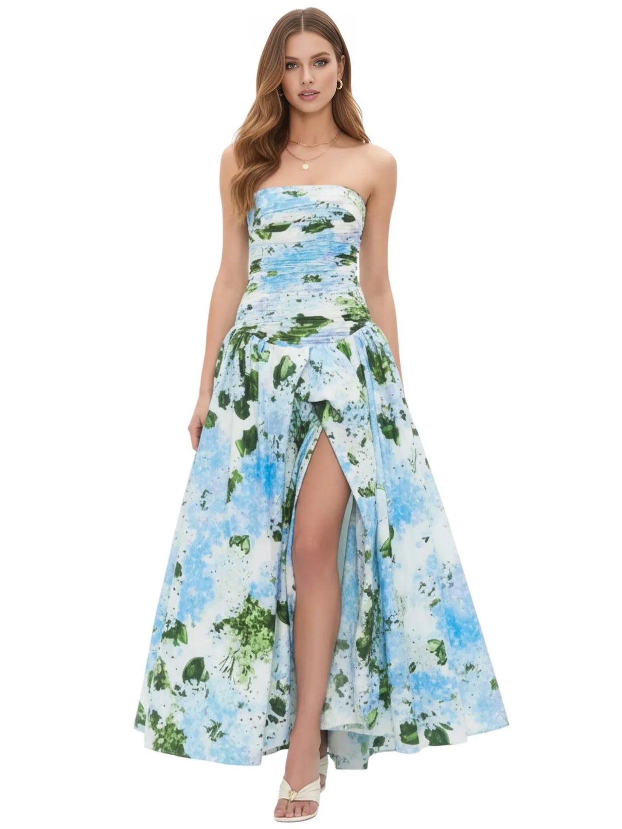 Strapless Long Bubble Dress Printed Split Design Women's Sleeveless Backless High Waist Patchwork Folds Dresses Evening Party, Maxi Dresses, Strapless, Sleeveless, Off Shoulder, XS, S, M, L, XL, United States, USA, Canada, Australia, New Zealand, United Kingdom, UK, Floral Maxi Dresses, Strapless Long Bubble Dress, Bubble Hem Maxi Dress, Strapless Puffball Dress, Bubble Dress Formal, shopdrestiny.com