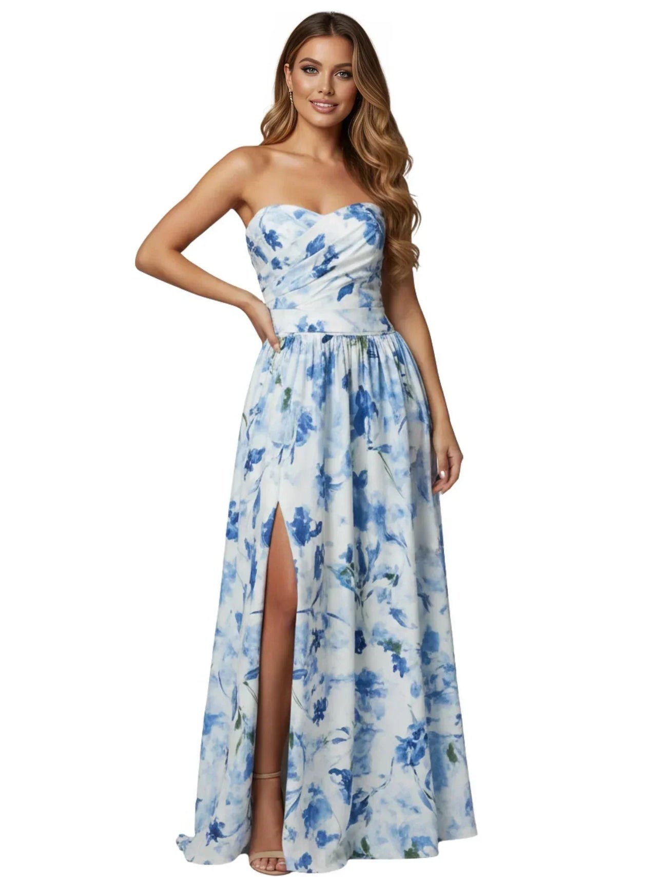 Strapless Long Bubble Dress Printed Split Design Women's Sleeveless Backless High Waist Patchwork Folds Dresses Evening Party, Maxi Dresses, Strapless, Sleeveless, Off Shoulder, XS, S, M, L, XL, United States, USA, Canada, Australia, New Zealand, United Kingdom, UK, Floral Maxi Dresses, Strapless Long Bubble Dress, Bubble Hem Maxi Dress, Strapless Puffball Dress, Bubble Dress Formal, shopdrestiny.com