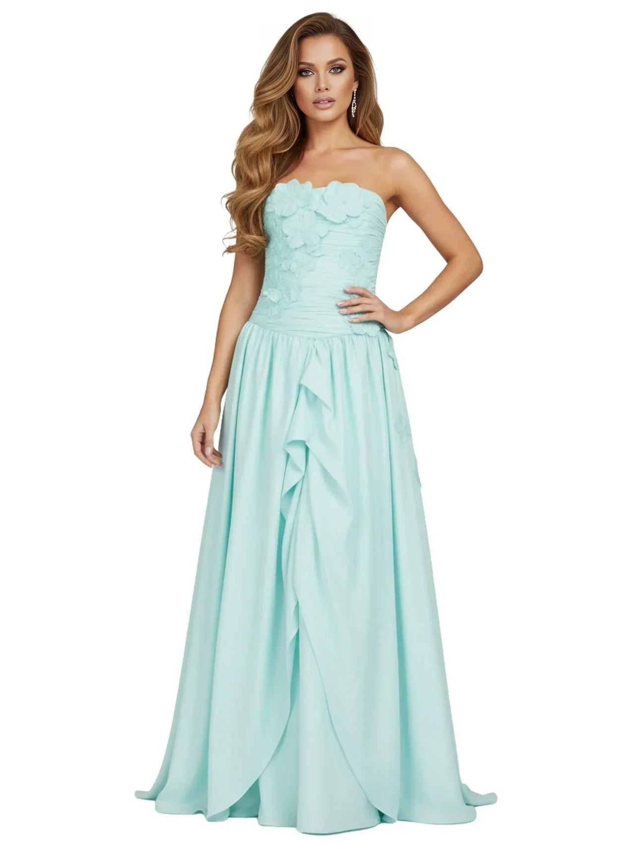 Mint green strapless long bubble on a white background