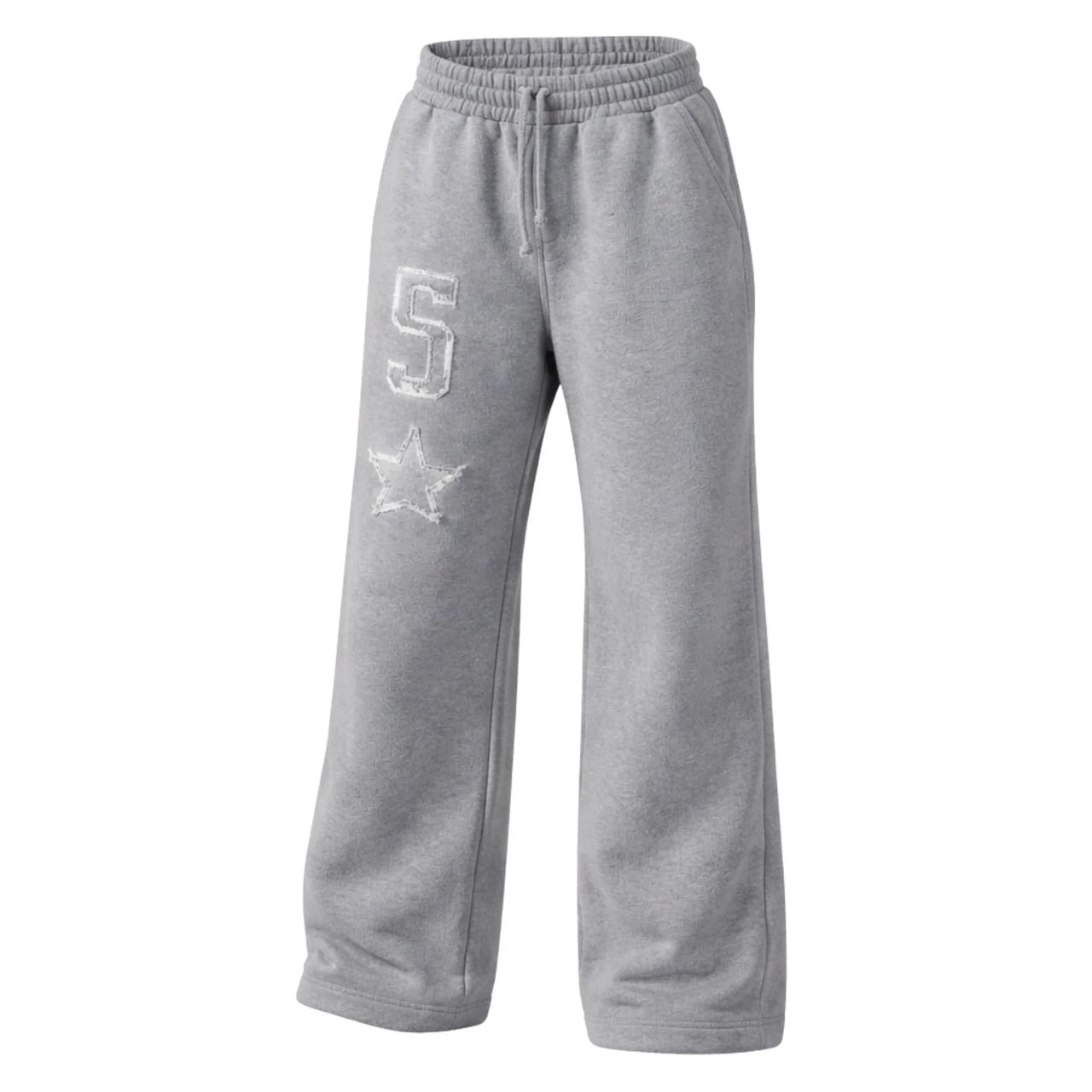 Grey sweatpants with number 5 and star design on a white background