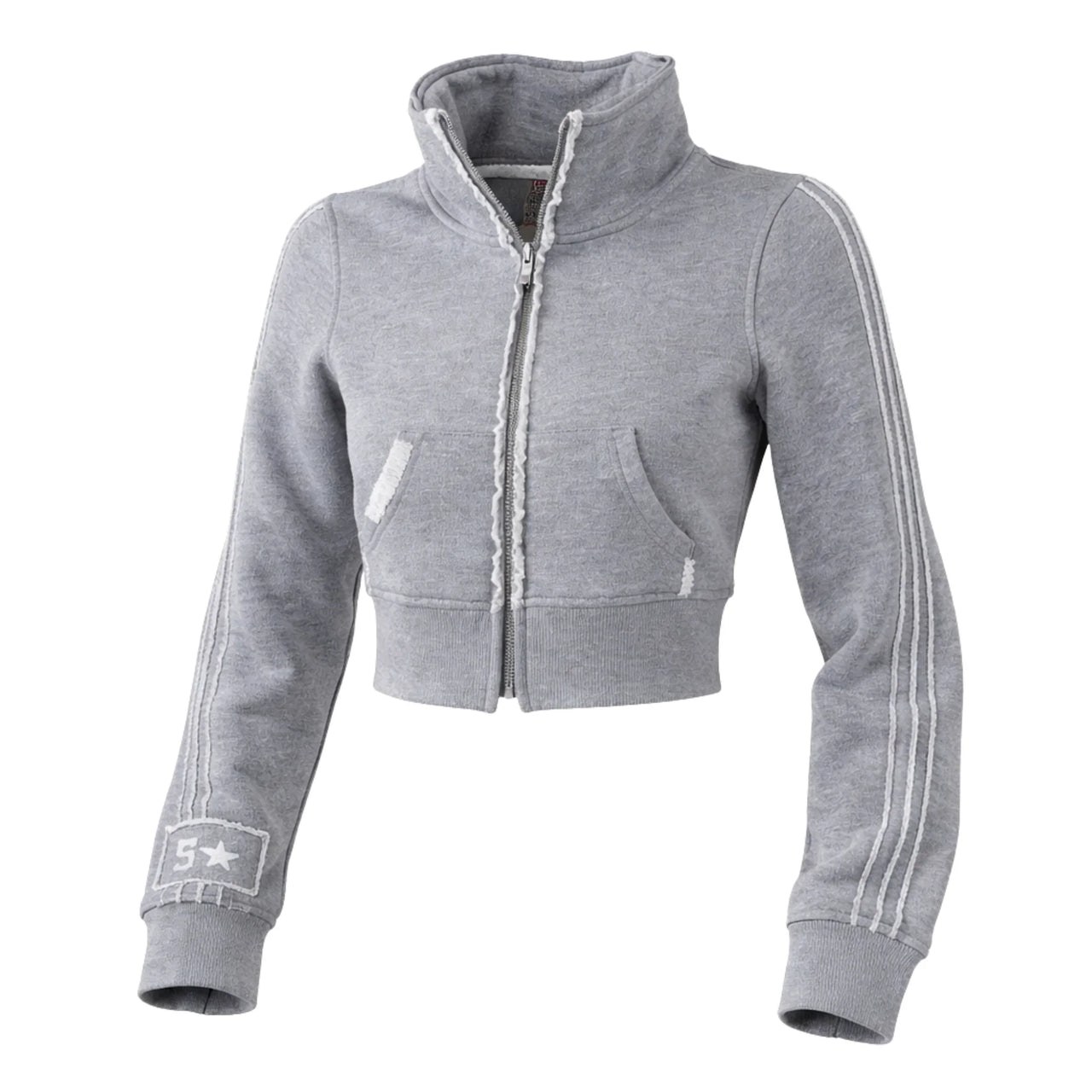 Grey cropped tracksuit top with a zipper on a white background