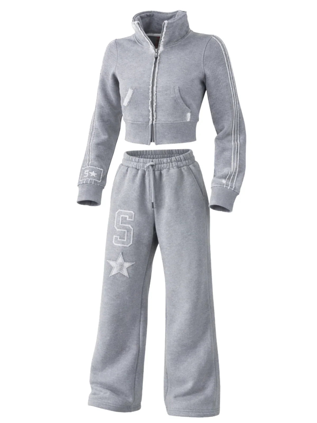 Grey 2 piece long sleeved tracksuit with a star design on pants against a white background