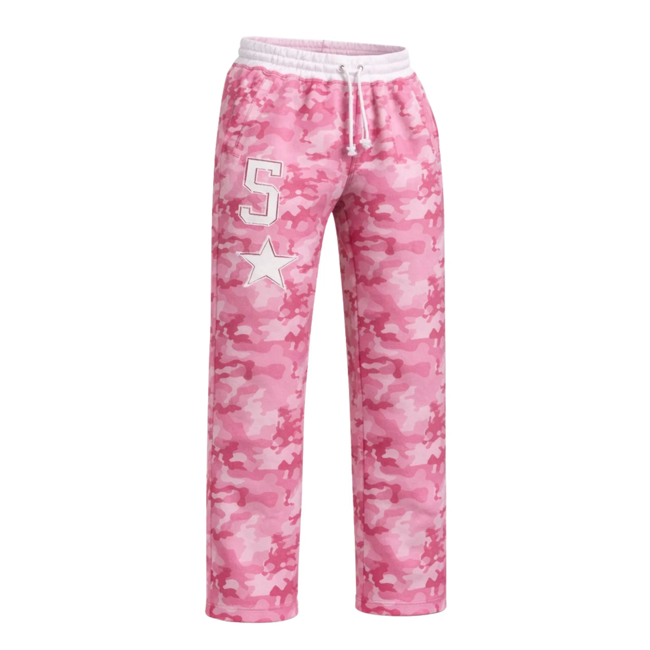 Pink camouflage sweatpants with number 5 and star on a white background