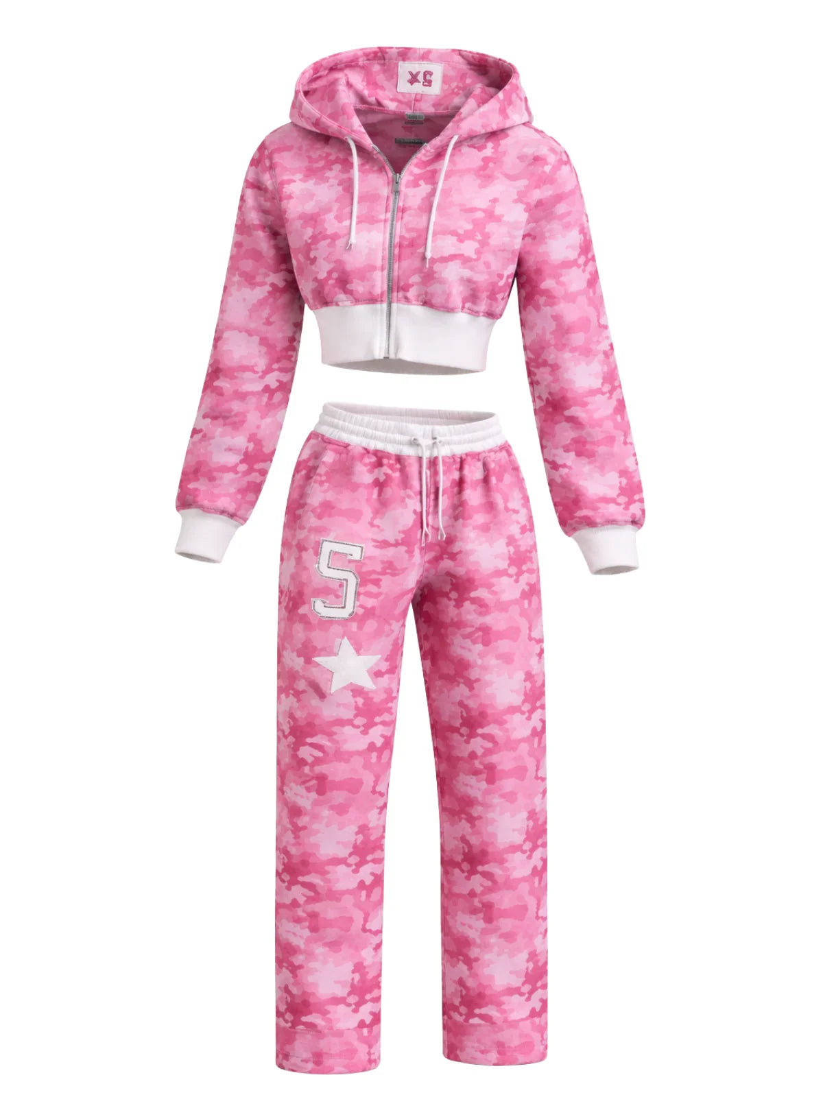 Pink tie-dye tracksuit with a white star design on a white background