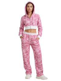 Thumbnail for Woman wearing a pink tie-dye hoodie and pants tracksuit set on a white background