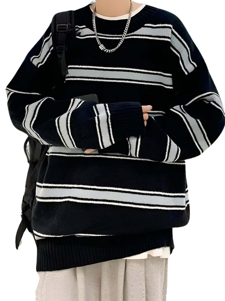 Black and Blue Striped Oversized Sweater For Men