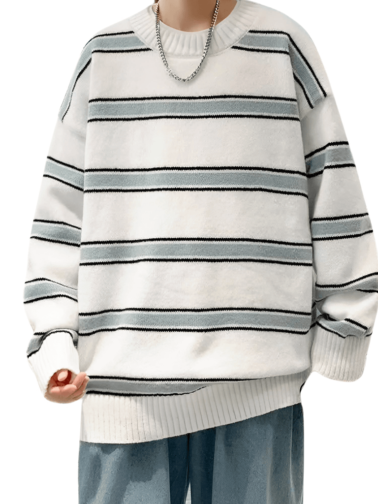 White and Blue Striped Oversized Sweater For Men