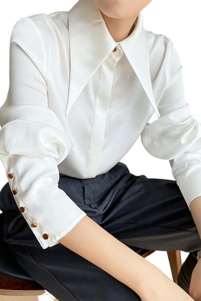 Stylish Elegant Turn Down Collar Long Sleeve White Satin Shirt