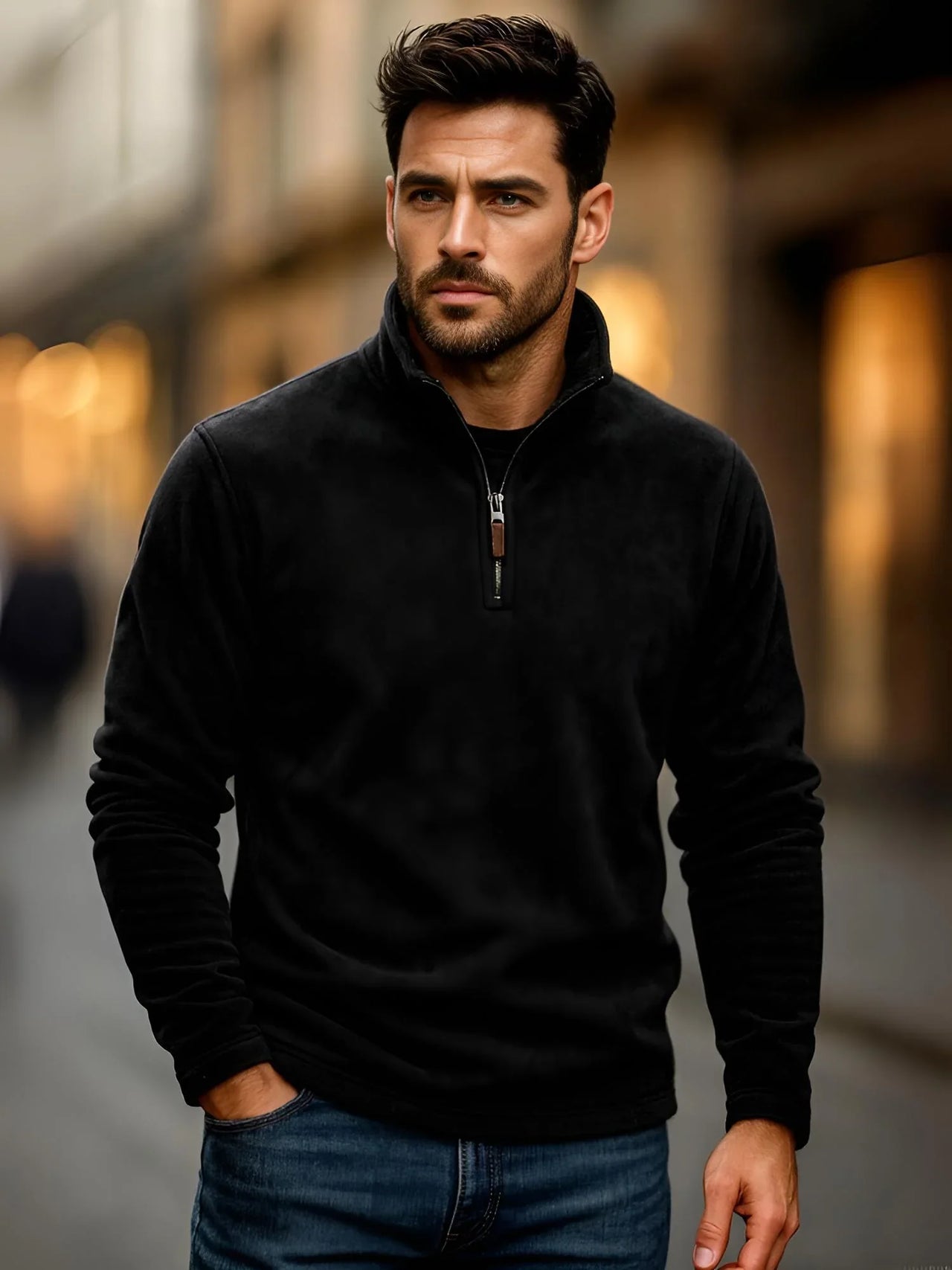 Man wearing a black quarter-zip sweater with a blurred background