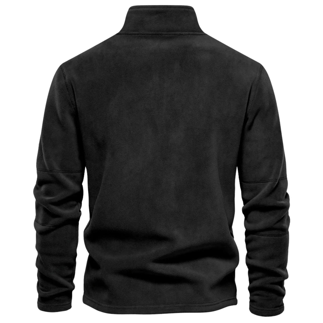 Black fleece sweater shown from the back on a white background