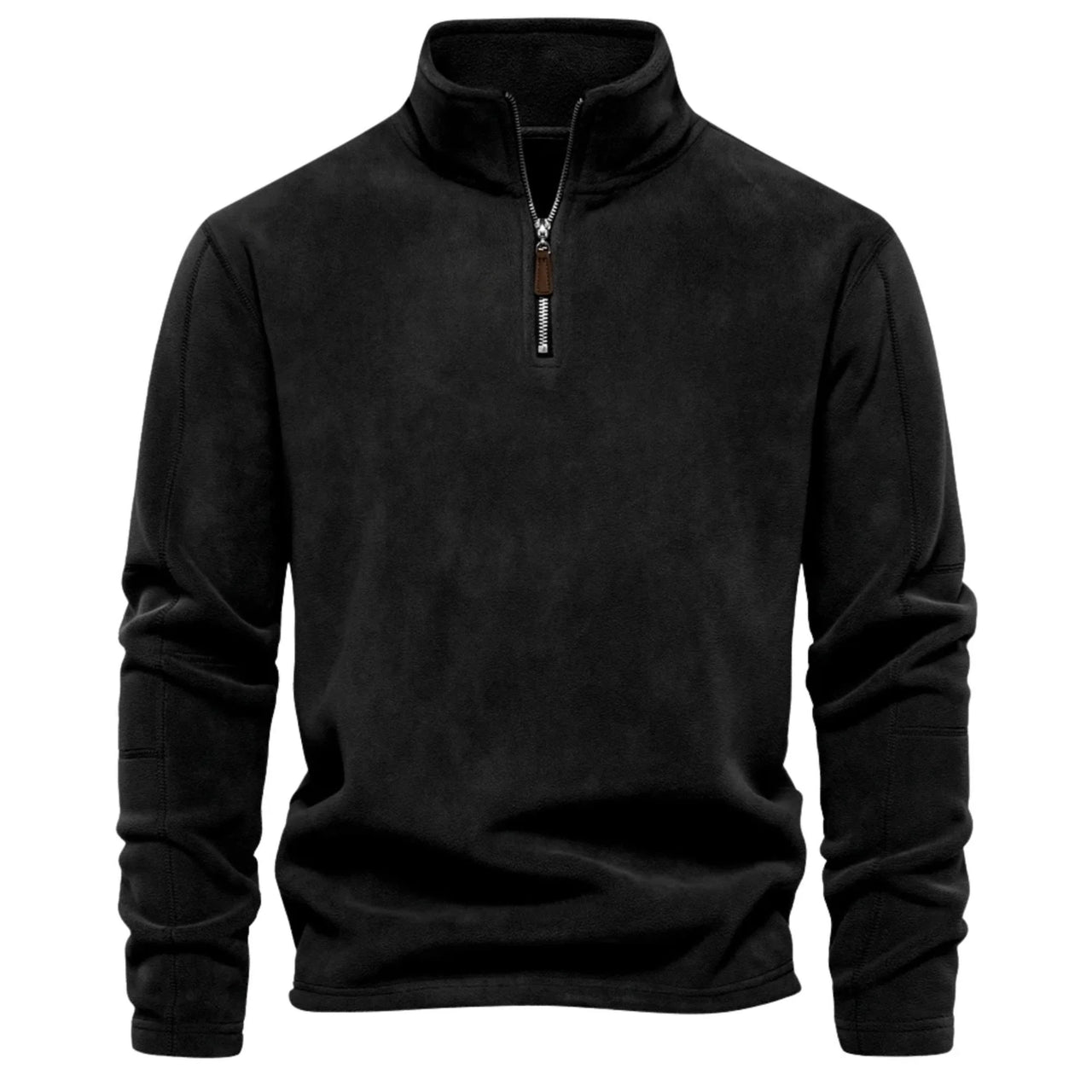 Men's black quarter-zip sweater on a white background