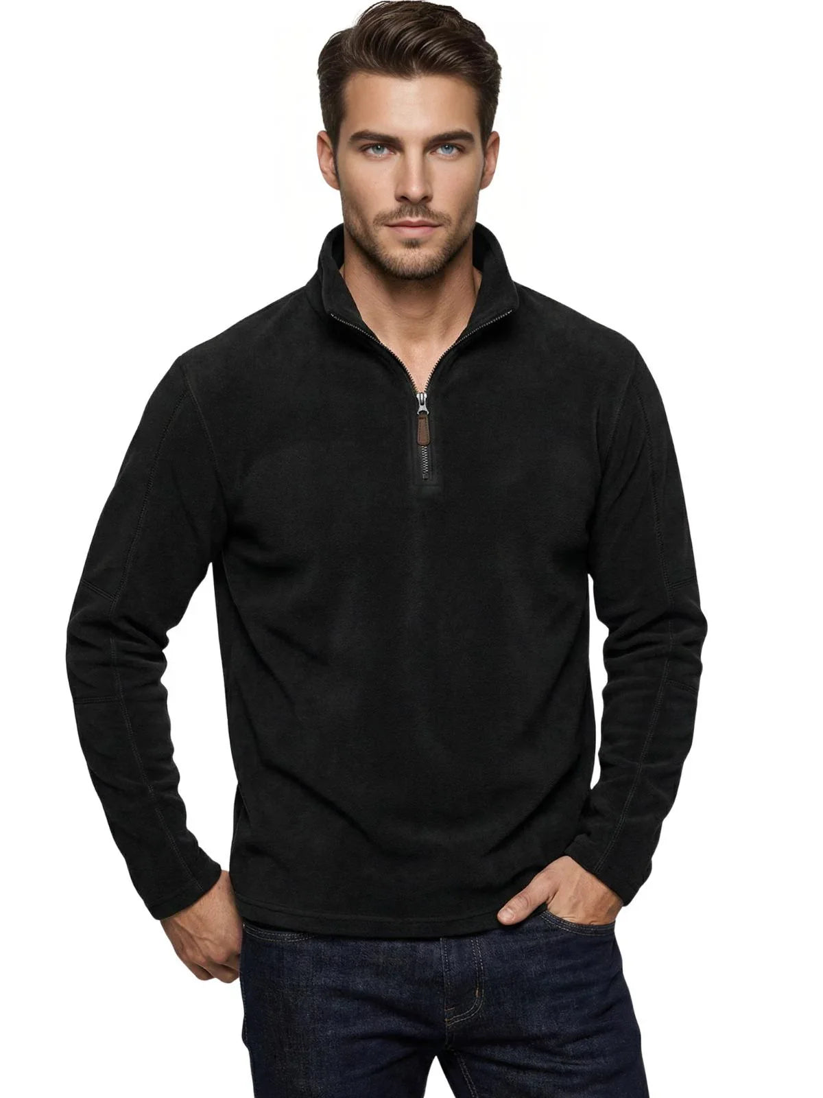Man wearing a black long sleeve fleece pullover with a quarter zip and turn down collar on a white background