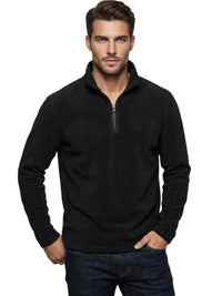 Thumbnail for Man wearing a black long sleeve fleece pullover with a quarter zip and turn down collar on a white background