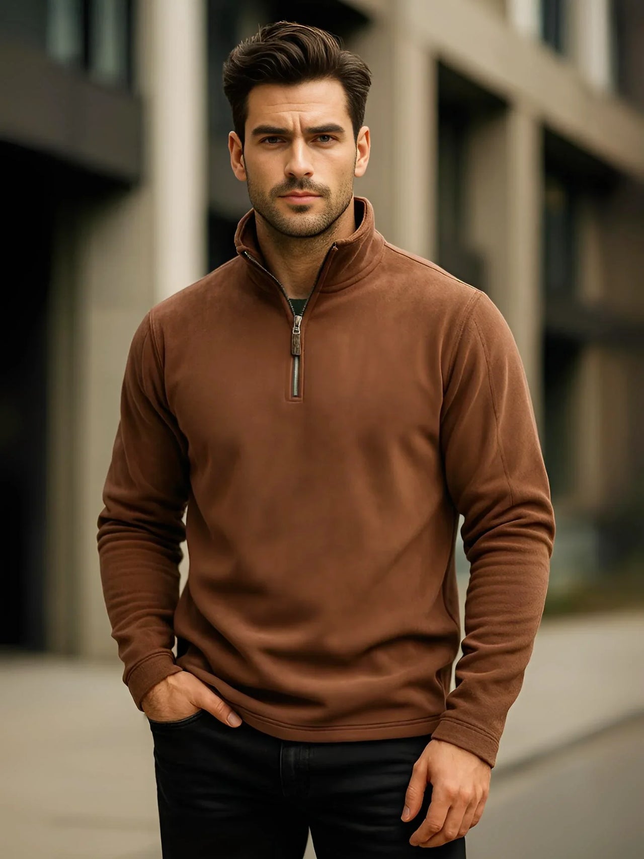 Man wearing a brown quarter-zip sweater standing in an urban setting