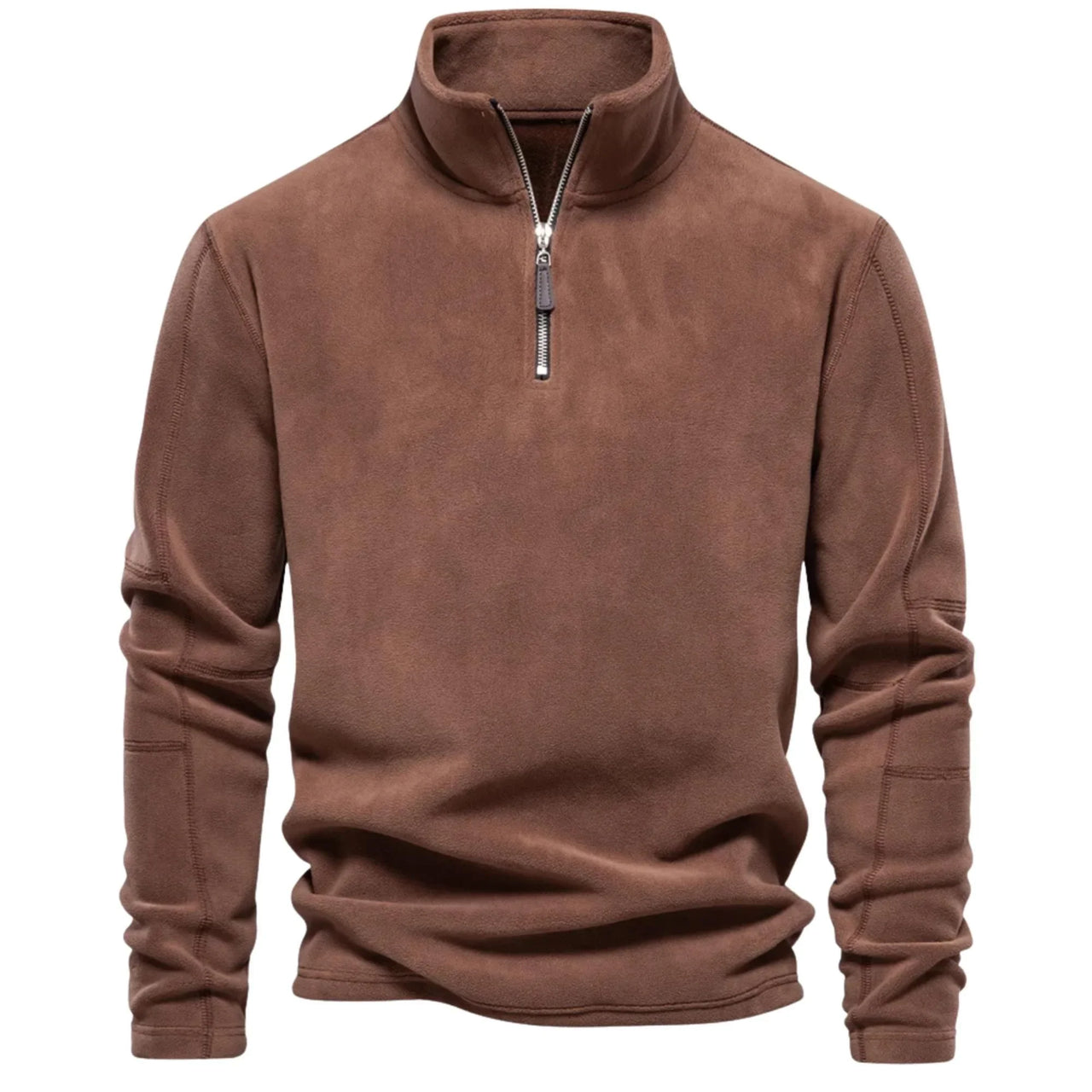 Men's Brown fleece pullover with a zipper on a white background