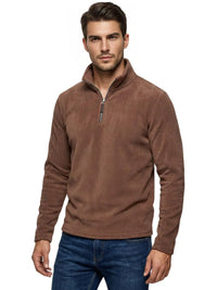 Thumbnail for Man wearing a brown long sleeve fleece pullover with a quarter zip and turn down collar on a white background