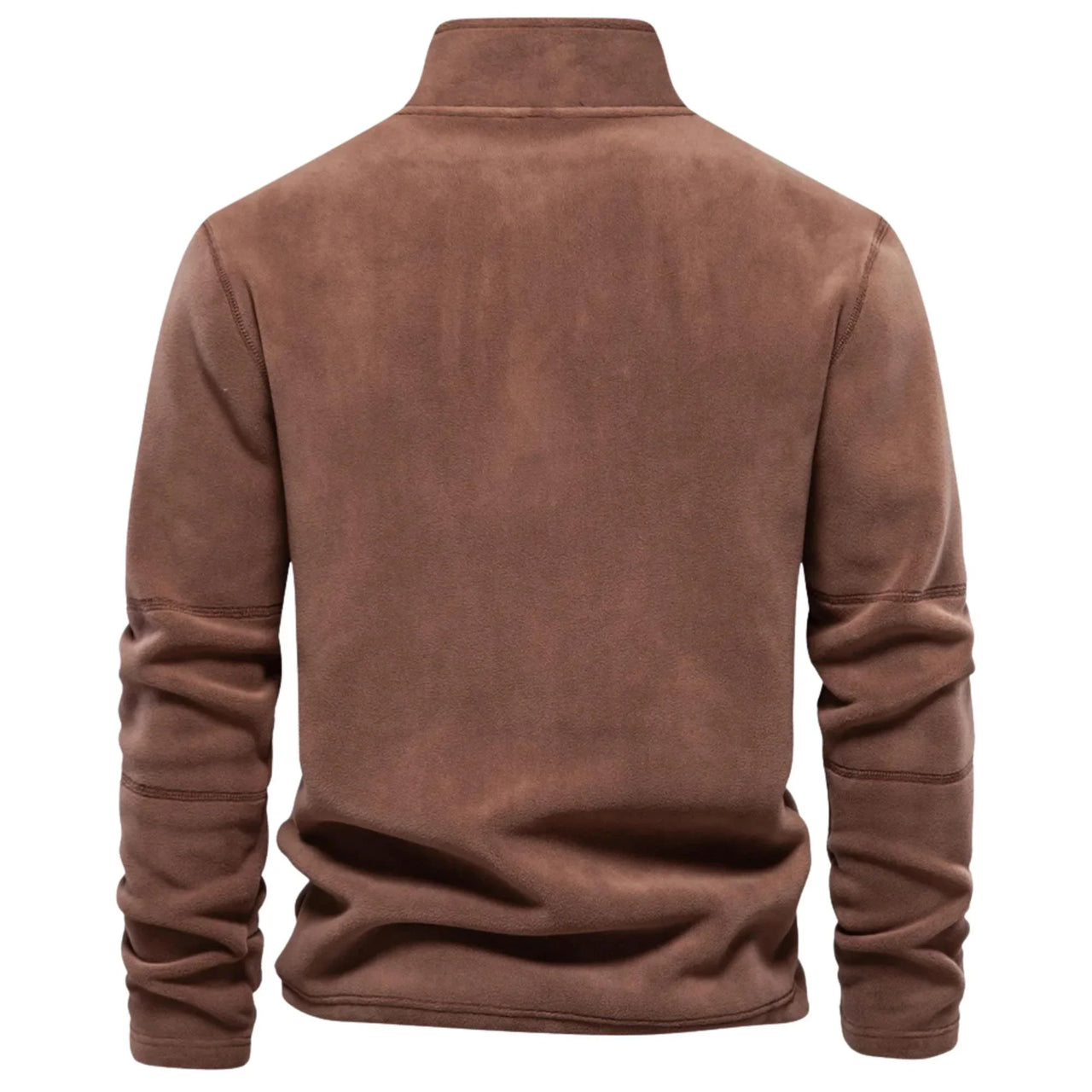 Brown fleece pullover shown from the back on a white background