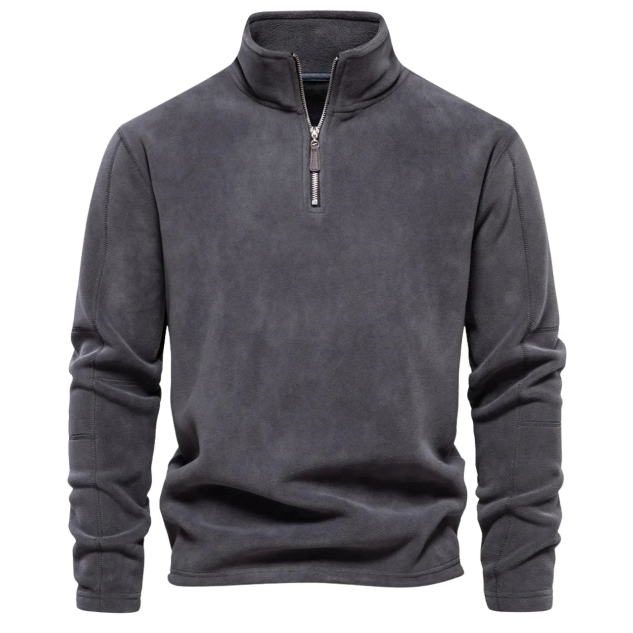 Gray long-sleeve pullover with a quarter zip on a white background