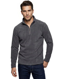 Thumbnail for Man wearing a dark grey long sleeve fleece pullover with a quarter zip and turn down collar on a white background
