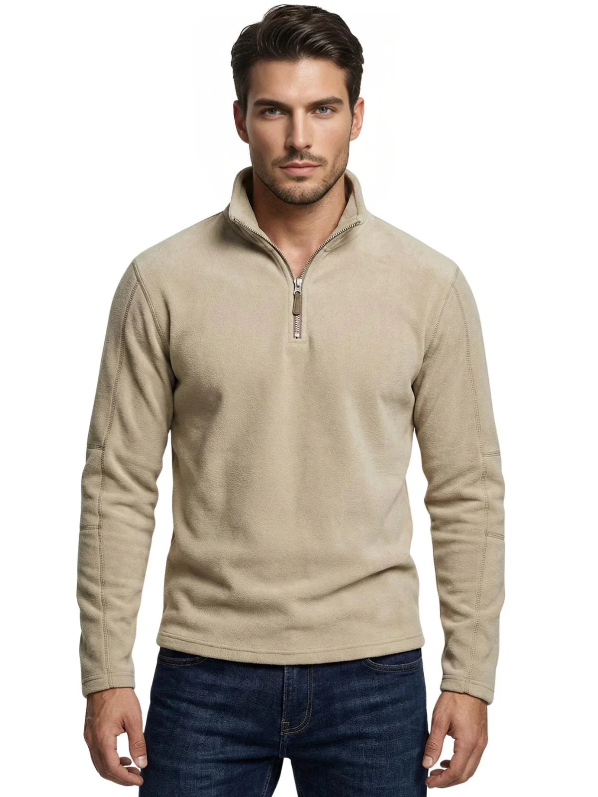 Man wearing a beige long sleeve fleece pullover with a quarter zip and turn down collar on a white background