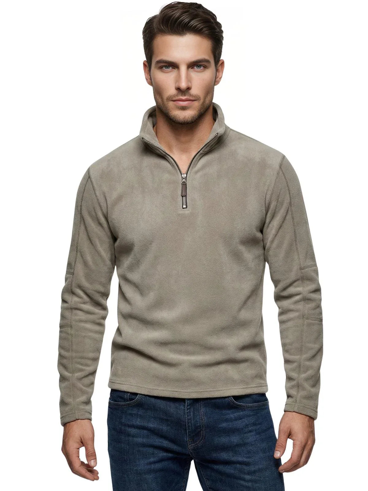 Man wearing a light green long sleeve fleece pullover with a quarter zip and turn down collar on a white background