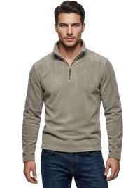 Thumbnail for Man wearing a light green long sleeve fleece pullover with a quarter zip and turn down collar on a white background