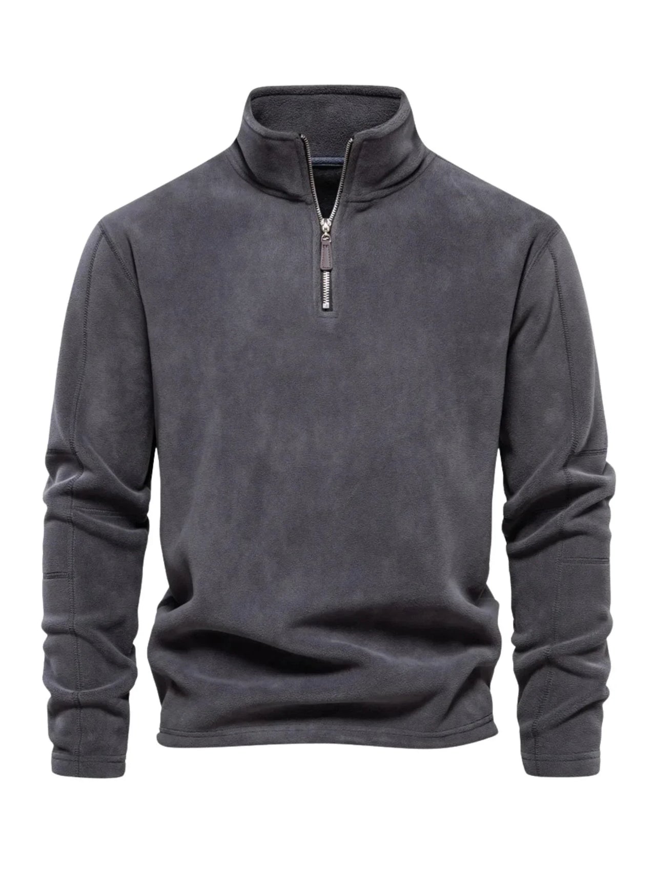 Men's gray fleece pullover with a quarter zip on a white background