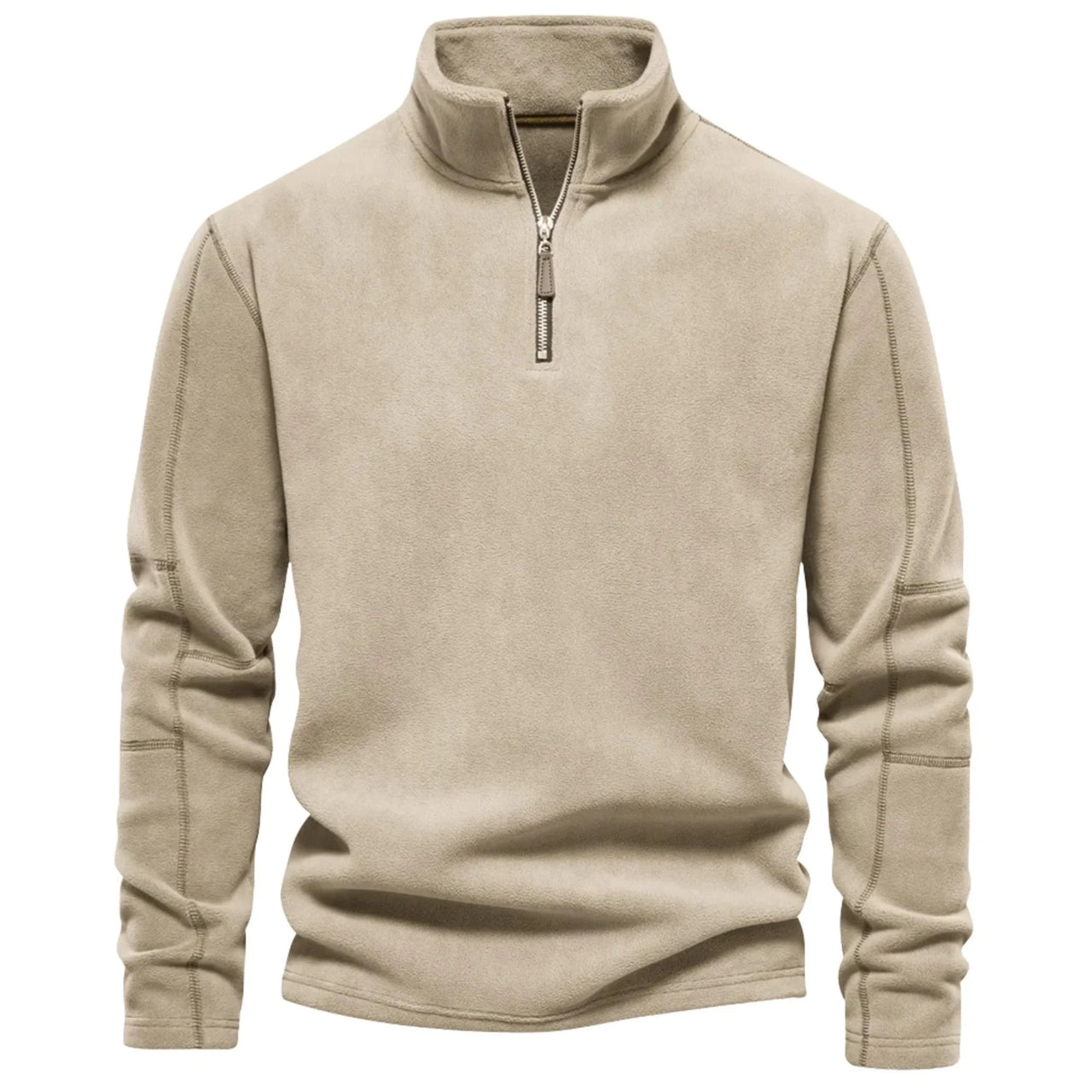 Men's beige fleece pullover with a quarter zip on a white background