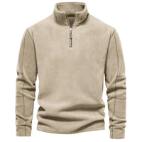 Thumbnail for Men's beige fleece pullover with a quarter zip on a white background