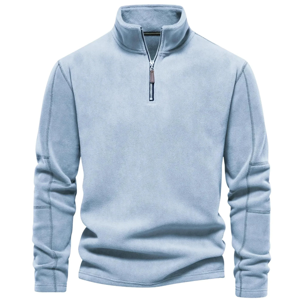 Men's light blue pullover with a quarter zip on a white background