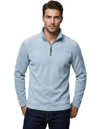 Thumbnail for Man wearing a light blue long sleeve fleece pullover with a quarter zip and turn down collar on a white background