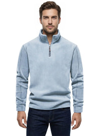 Thumbnail for Man wearing a light blue long sleeve fleece pullover with a quarter zip and turn down collar on a white background